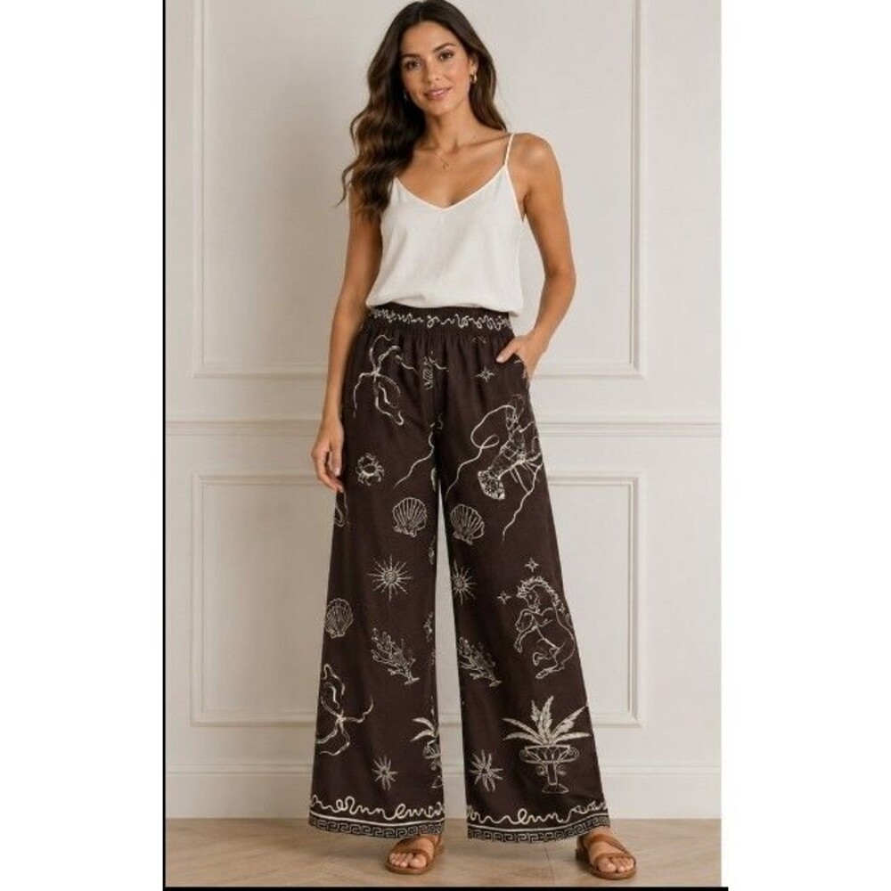 Anthropologie Maison d'Amélie Brown Coastal Wide Leg Trousers Brown Small Pants